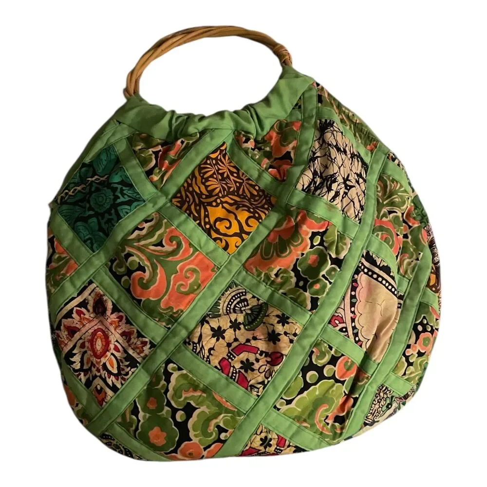 Vintage Handmade quilted patchwork hobo bag rattan handle water resistant lining